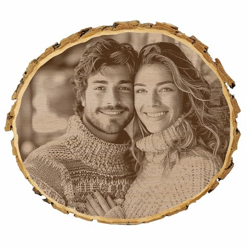 KIWISTAR UG - Baumscheibe 21-24 cm - mit Fotogravur - personalisiertes Fotogeschenk individuell selbst gestalten - Holzscheibe mit Foto und Wunschtext - Naturholz - Türschild - Weihnachtsdeko