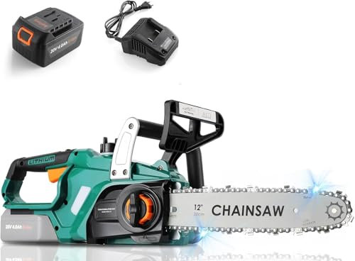 TLGREEN 12 Pollici Motosega a Batteria con Li-Ion 20V Batteria,Motosega Elettrica Lunghezza di Taglio 30,5 cm,Sega Elettrica con Catene/Barre Guida/Caricabatterie,Motore Brushless,per Tagliare Legna