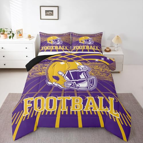 Erosebridal Football City Bed Set Rugby Football Seasonal Color Bedding, 3D Sports Fan Gifts Comforter Set Purple and Yellow Rugby Helmet Duvet Insert Full Size with 2 Pillowcases