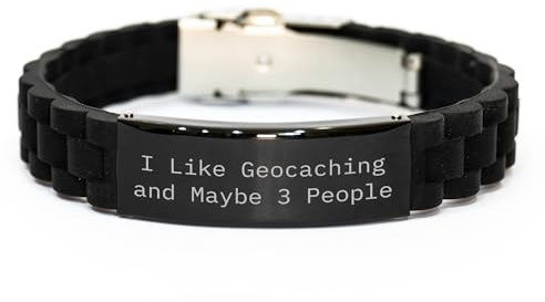 I Like Geocaching And Maybe 3 People Funny Geocaching Gifts for Mom on Mother's Day Glide lock Clasp Geocaching Accessories for Women Adjustable Black Stainless Steel Silicone Gecko Cache Jewelry