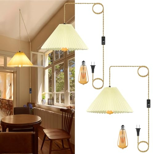 Yiliaw Plug in Pendant Lights with Switch & Hemp Rope, Pleated Lamp Shaped Industrial Hanging Light Kit with E26 Socket, Lamp Cord Fixture for Farmhouse Bedroom Living Room Decor (2PC)
