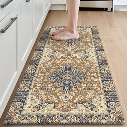 DEXI Kitchen Mat 60 x 150 cm, Anti-Fatigue Cushioned Standing Mats Non Slip Waterproof, Extra Large Washable Carpet Runner Rugs for Floor, Laundry, Home Office, Orange Beige