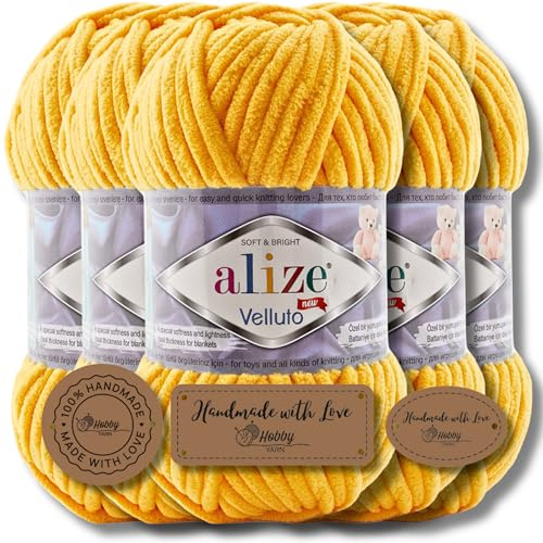 Hobby YARN 3x Etikettenlabel mit Alize Velluto Wolle Premium 5x100g als Set, Chenille Dicke Wolle zum Häkeln Uni Farbe Bulky Amigurumi Baby Kuschelwolle Filzwolle (216)