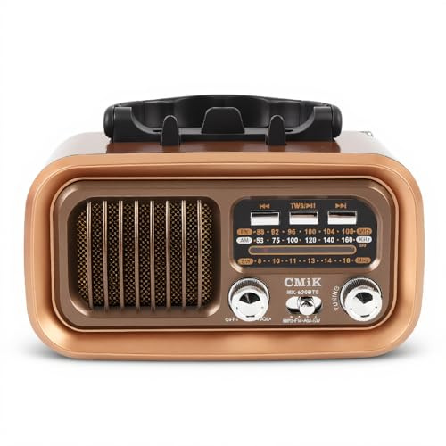 Radio Vintage Portátil, Altavoz Bluetooth Retro, Batería Solar Recargable, Pequeña Radio de Corta FM FM Vintage Am, para Acampar Al Aire Libre (Gold)