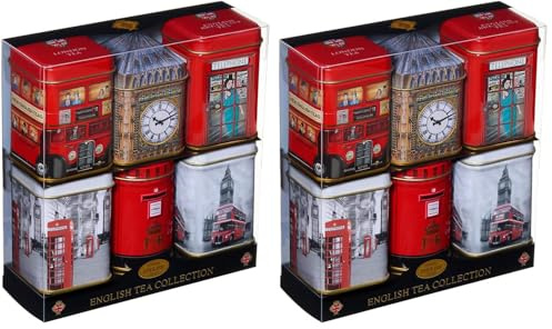 Iconic London Sights 6x Tea Tins with Fine English Breakfast Loose Leaf Tea, British Souvenir, Big Ben, UK Foods (Pack of 2)