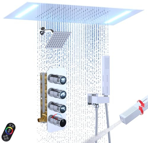 Enga Système de double pommeau de douche, support au plafond de 35,6 x 50,8 cm, pommeau de douche à DEL avec pommeau mural de 15,2 cm, ensemble de robinet de douche avec poignée 2 en 1, toutes les