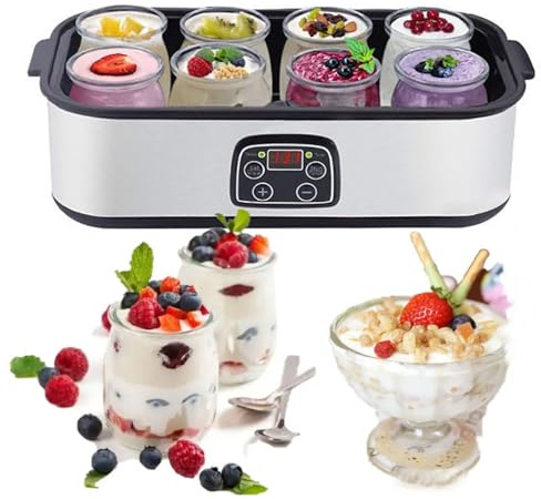 GYLFZDQ Yogurtera automática Ultimate de 1400 ml con 8 recipientes de Vidrio de 180 ml, Control de Temperatura y Tiempo Ajustables, Yogur probiótico con Pantalla LCD Silver,1400ML
