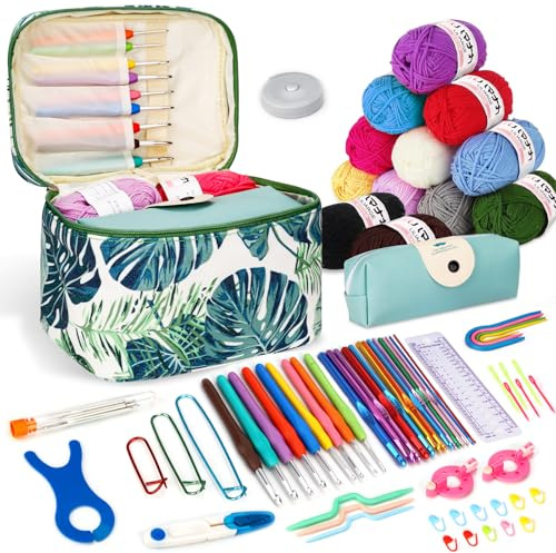ZUSUZU Uncinetto Set,Kit Uncinetto Principianti,set di uncinetti con 12 lana,Kit Principianti,accessori all'uncinetto,uncinetti ergonomici con manico morbido e ago in metallo, 2,0 – 10 mm