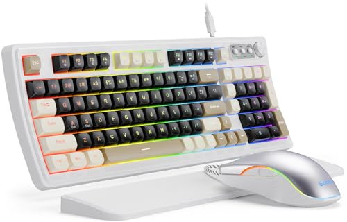 SABLUTE Tastiera e mouse da gioco con cavo, tastiera meccanica retroilluminata RGB per PC, manopola multimediale e poggiapolsi ergonomico in pelle di alta qualità per giochi (bianco)
