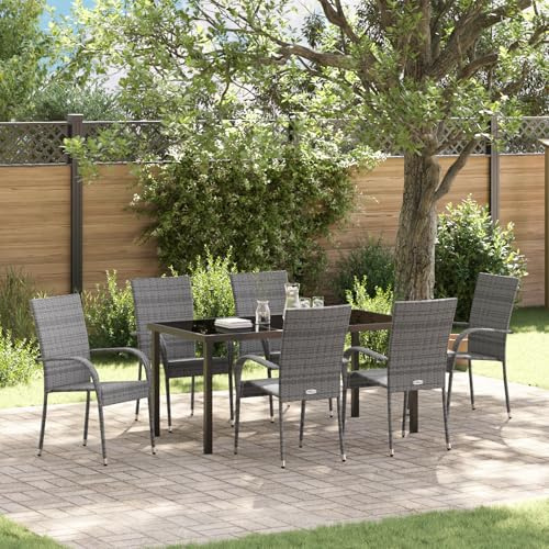 Qnhdfrt Gruppo da giardino, 7 pezzi, grigio, per esterni, con sedie impilabili, in rattan sintetico, design moderno, per terrazza, giardino, balcone