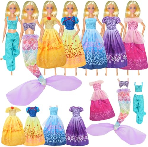 7 Sets Kleidung Kompatibel mit 11.5inch Puppen Verschiedene Prinzessinnen Kostüme Kleider, Darunter Meerjungfrauenrock, Prinzessinnenrock, Hosenträger und Hose für 11,5-Zoll-Mädchenpuppen