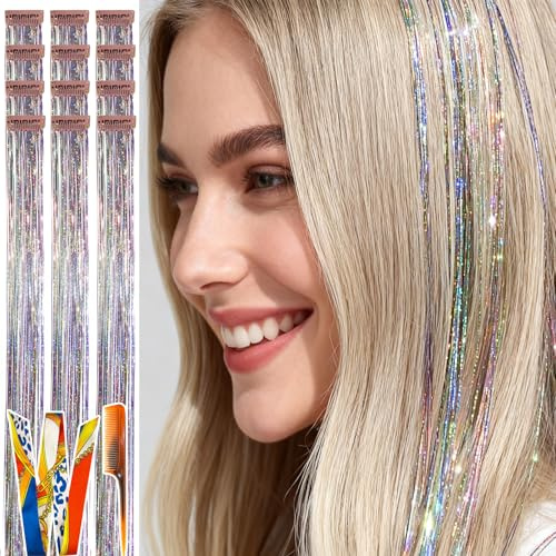 Celinabella Rainbow Unicorn Clip in Hair Tinsel 70 Strands Per Piece, 23 Inches Multicolor Hair Extension, Heat Resistant,Includes Comb Hair Ribbon,for Festival Party New Year for Women