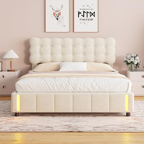 FOERPL Bett mit Bettkasten, 160 x 200 cm mit LED, gepolstertes Bett mit Stauraum, Doppelbett mit LED, Bettgestell mit Samt-Kopfteil, gepolstertes Bett mit Lattenrost aus Holz, ohne Matratze (C Beige