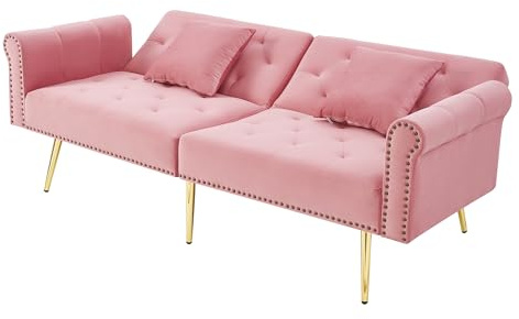 Azkoeesy Sofá Cama de 2 plazas 178 cm, Patas metálicas Doradas con Remaches, Respaldo Ajustable en 3 Posiciones, 2 Almohadas, para salón y Oficina, Color Rosa
