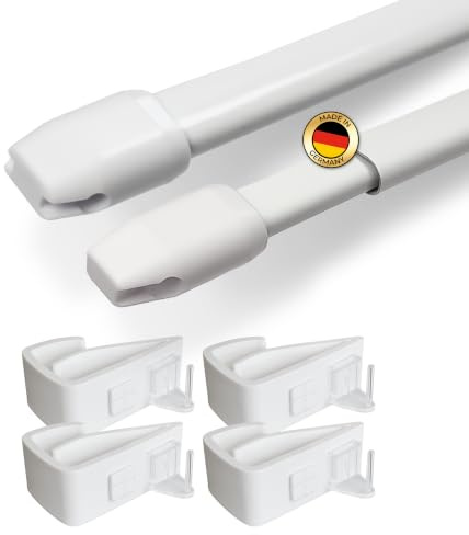 Rollina Gardinenstange ohne Bohren 40-60cm | Set Gardinenstangenhalter | 2x Vitragestange ausziehbar + 4 Gardinenstangenhalter 8-16mm Rahmenstärke | Scheibengardinenstange Küche Bad zum Klemmen