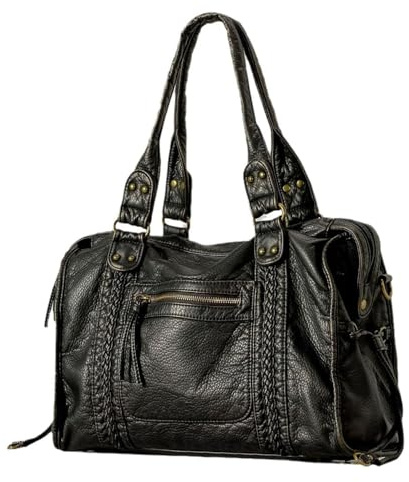 LLIDDAMES Vintage City Bag Damen PU Leder Handtasche Groß Shopper Tasche Hobo Bag Schultertasche Arbeitstasche Uni Leder-Tragetasche Für Damen, Für Arbeit Schule Reisen(Black,37 * 12 * 28cm)