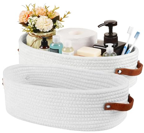 TIANLIN 2 Pièces Panier de Rangement Tressé en Corde de Coton, Taille 33×15×10 cm, Petits Paniers de Rangement avec Poignées en Cuir pour Salle de Bain, Chambre, Cuisine et Étagère (Blanc)