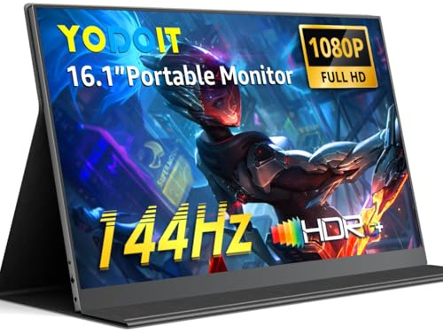 Yodoit 144Hz Portable Monitor, 16,1 Zoll 1920×1080P FHD Bildschirm mit hoher Bildwiederholrate, IPS-Display mit USB-Typ-C-Anschluss und integrierten Lautsprechern, mit Smart Cover, kompatibel mit PC