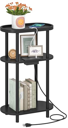 HOOBRO Small Narrow Side Table with Charging Station, 3-Tier Bamboo Narrow End Table, Slim End Table for Small Spaces, Skinny Oval Nightstand for Living Room, Bedroom, Apartment, Black BB178UBZ01
