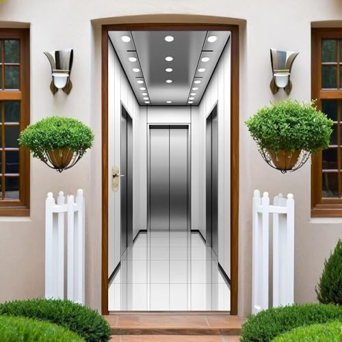 Silbergrau Türtapete Selbstklebend mechanischer grauer Aufzug 100 x 200 cm Türfolie PVC Türaufkleber Türposter Fototapete Türdeko Wohnzimmer Schlafzimmer Küche Toilette