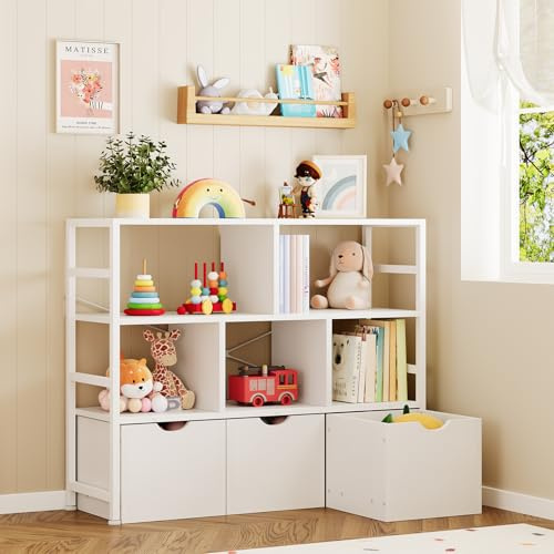 Dripex Bücherregal mit 3 Schubladen und 8 Fächern 33 x 100 x 90 cm, Weiß | Küchenregal aus Holz und Metallrahmen Standregal Würfelregal für Schlafzimmer Wohnzimmer Büro Küchen