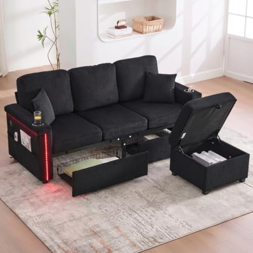 DHHU 194cm Canapé Convertible 3 Places avec LED, Canapé Lit 3 Places avec Rangement, Canapé d'angle Modulable avec USB-C et Porte-Gobelets, Canapé Velours Côtelé Multifonctionnel, Noir