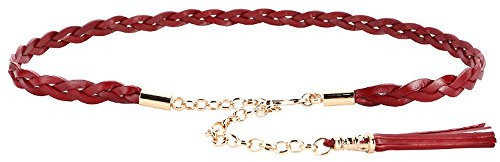 Cheerlife Damen Mädchen Modern Dekorative Leder Schmaler Gürtel Geflochten Gürtel Flechtgürtel Taillengürtel Hüftgürtel Kleidgürtel mit Troddel Rot