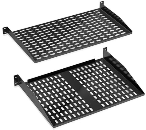 Pyle Rack Shelf 2U Set of 2, 48cm Cantilever Tray for Cable Management, Under Desk Cord Organiser, PC Holder, Desk Wire Management, Home Cloud Storage, Vented for Airflow, 50kg Capacity, Black