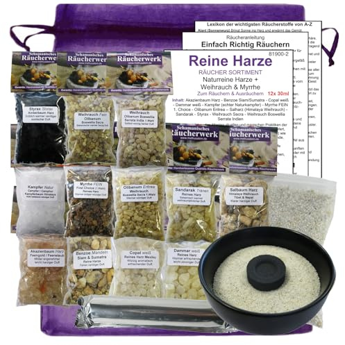 12 x Reine HARZE zum räuchern a 30ml (360ml) 17-TLG RÄUCHERSORTIMENT mit WEIHRAUCH + MYRRHE + KOPAL + Styrax UVM + 10cm Ø Räucherschale + Kohle + ZUBEHÖR + Anleitung. 81900-2S