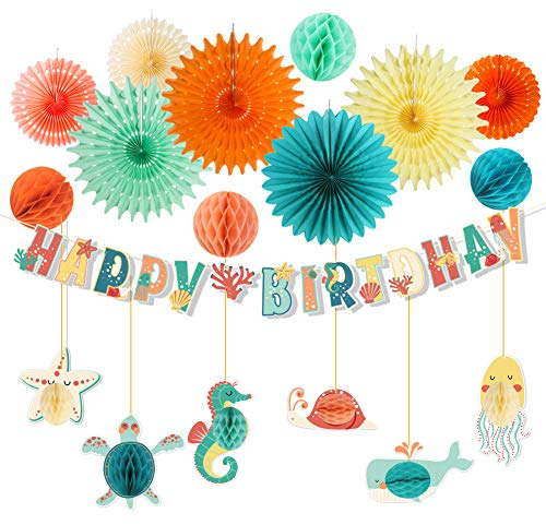 SUNBEAUTY Animali Marini Decorazione Compleanno Buon Compleanno Ghirlanda Ventaglio Di Carta Decorazione Per Bambini Festa Subacquea Cavalluccio Marino Stella Marina