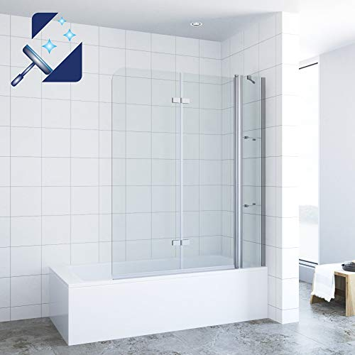 AQUABATOS® 150 x 140 cm Shower Screen for Bathtub Folding Wall with Fixed Part and Corner Shelves Made of 5 mm Real Glass Nano Coating, 150 cm Wide 140 cm Height Foldable Shower Screen Glass Bath