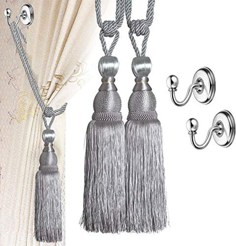 VEGCOO 4 Pack Handmade Curtain Clips Tiebacks Set, 2 Pack Europe Buckles Hold backs Tassel Ball Rope with 2 Pack Curtain Tieback Hooks (Grey)