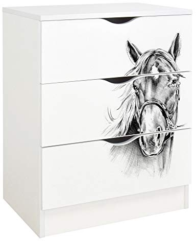 Leomark Weiß Kommode mit 3 Schubladen für Kinder - Roma - Möbel für Kinderzimmer aus Holz, Schlafzimmer-Möbel, Skandinavischer Stil, Dim: 60x42x78 (Höhe) cm (UV-Druck: Pferdeporträt)