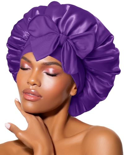 BONNET QUEEN Gorro de Seda para Dormir Ajustable Gorro Saten Pelo Rizado Silk Bonnet Satin Gorros Satén con Cintas Largo