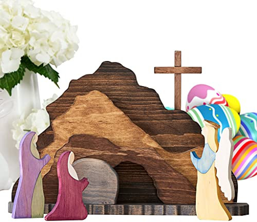IoF Easter Resurrection Scene Ornament, Wooden Religious He is Risen Easter Decorations, Wood Christian Empty Tomb Figurines, Jesus Nativity Home Decor Set Gifts for Kids for Easter, Christmas, Office