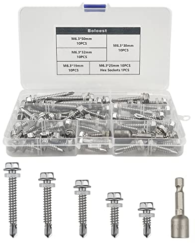 51 pièces M6.3 vis à tête hexagonale autotaraudeuses en acier inoxydable boulons de forage de toiture en métal vis autoperceuses à queue