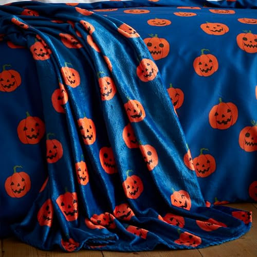 Catherine Lansfield Halloween Pumpkins Cosy Fleece 130x170cm Blanket Throw Navy Blue