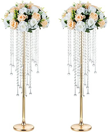 NUPTIO Gold Vase Wedding Centerpieces: 2 Pcs 29.5in Tall Crystal Flower Stand for Tables Elegant Metal Flowers Arrangement Vases for Weddings Birthday Party Anniversary Reception Home Decorations