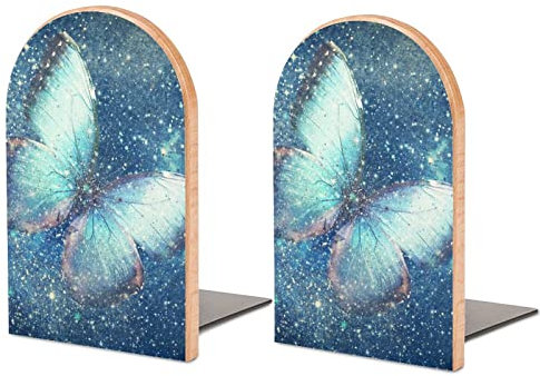 Buchstützen Buchstützen für Regale zum Halten von Büchern, Schmetterling, Universum, Sterne, Vintage-Druck, klein, rutschfest, Buchstopper, Holz, dekorativ, Heimbüro, Schreibtisch