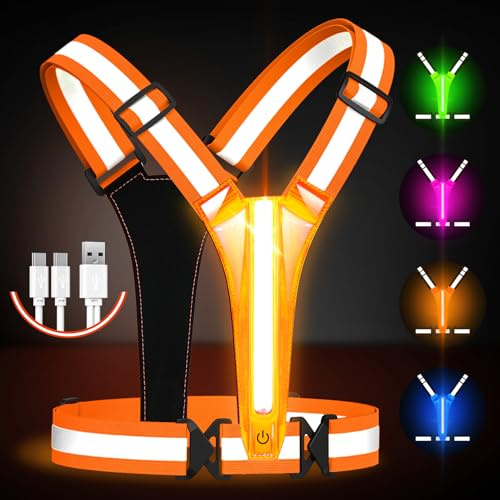 Fokia Kunbio Reflektierende LED-Laufweste, beleuchtete Weste, Läufer, Nachtlaufen, USB-wiederaufladbar, bis zu 11 Stunden Licht mit Verstellbarer Taille/Schulter für Damen, Herren, Kinder(orange)
