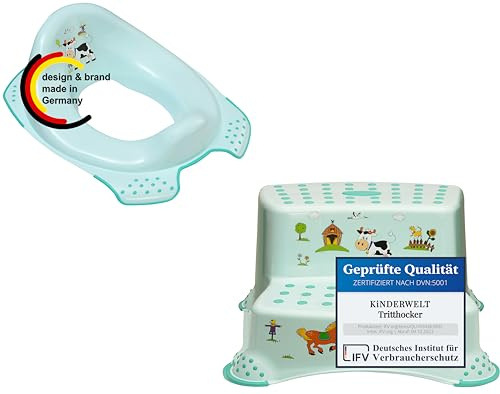 KiNDERWELT 2er Set Premium Toilettensitz und zweistufiger Hocker für Kleinkinder -Funny Farm Design aquamarin - Kleine Toilette für Babys und Kleinkinder - Stabiler Hocker mit Anti-Rutsch-Funktion -