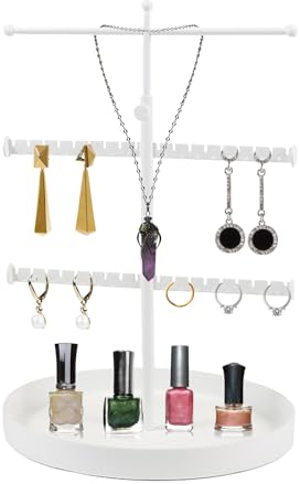 FEMONGY schmuckständer weiß, kettenständer schmuck mit Aufbewahrungsbasis, schmuckbaum für ketten, ketten halterung schmuck für Ketten Ringe Ohrringe Armbänder, Ausziehbar von 24-42cm