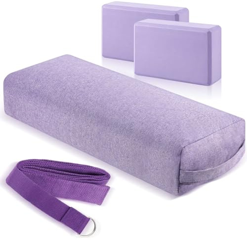 PullCrease 4 Pcs Yoga Bolster Pillows Blocks with Strap Set Comfortable Meditation Pillow with Carry Handle for Restorative Non Slip Reusable Yoga Blocks for Balance, Pilates, Washable Cover(Violet)
