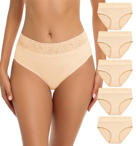 Wealurre Bragas Mujer Algodon y Encaje Braguitas Cintura Media Suaves y Cómodas Ropa Interior Pack de 5,L,Skin
