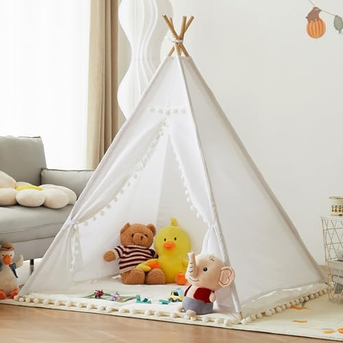 Uixxducc Tipi Zelt für Kinder,Tipi Kinderzelt Zelt Kinderzimmer, Kinderzelt für Drinnen Spielzelt Kinder Indoor Lesezelt Kuschelecke Kinderzimmer Deko (Weiß,1.1M)