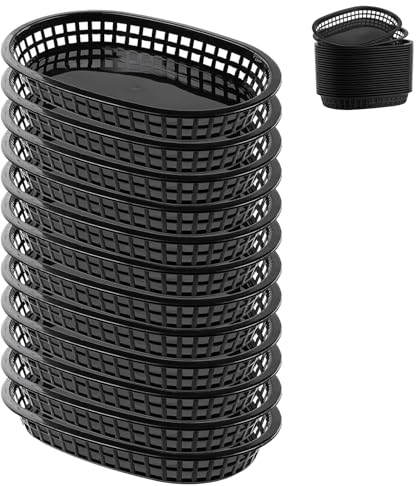Nchdewui 12 Pieces Oval Plastic Baskets for Serving Food, Bread Basket for Fries Chip Hot Dog Burger Sweets Fruits Barbecue Sandwiches (Black)