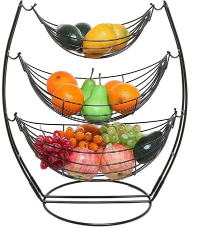 Fruteros de Cocina Cuenco de cesta de frutas de 3 niveles for encimera de cocina, hamaca Triple negra for frutas/verduras/productos, soporte de exhibición de estante de cesta de Metal Cesta de Frutas