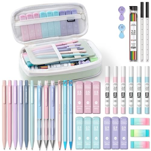 Four Candies 36PCS Aesthetic School Supplies, Mechanical Pencil Set 0.5mm, 0.7mm, 0.9mm & 2.0mm with 624 Lead Refills, Back to School Supplies for Writing & Drawing, Ideal Stationary Set Gift (Green)