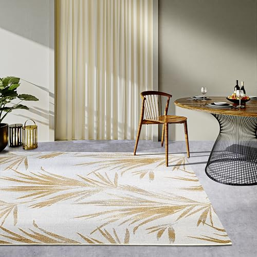 Villeroy & Boch Leonie Tappeto moderno per interni ed esterni, in tessuto piatto, con foglie di palma, resistente alle intemperie e ai raggi UV, per balcone, terrazza, giardino, color crema oro, 120 x
