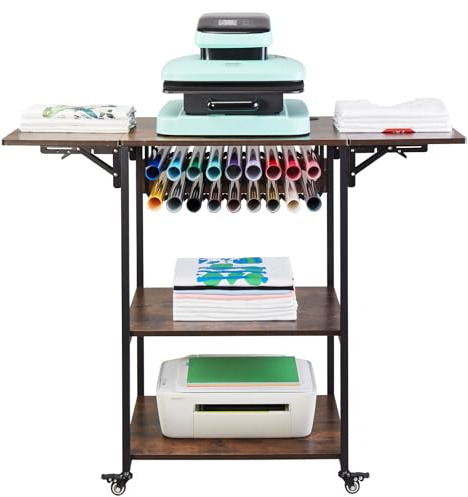 VEVOR Heat Table pressa mobile a 3 livelli, pieghevole calore con ruote e supporto per rotolo in vinile, banco da lavoro in metallo per macchina trasferimento a sublimazione, marrone, 46×20×36 IN